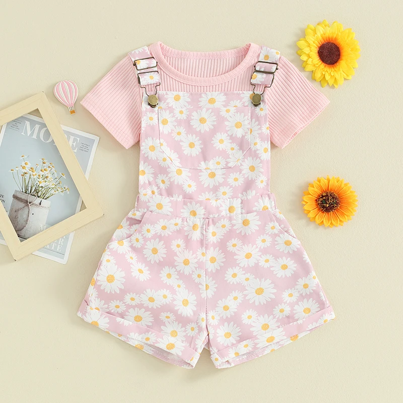FOCUSNORM 3 Colors Toddler Kids Girls Clothes Sets 1-5Y Outfit Solid Ribbed Short Sleeve T-Shirt with Daisy Print Overall Shorts