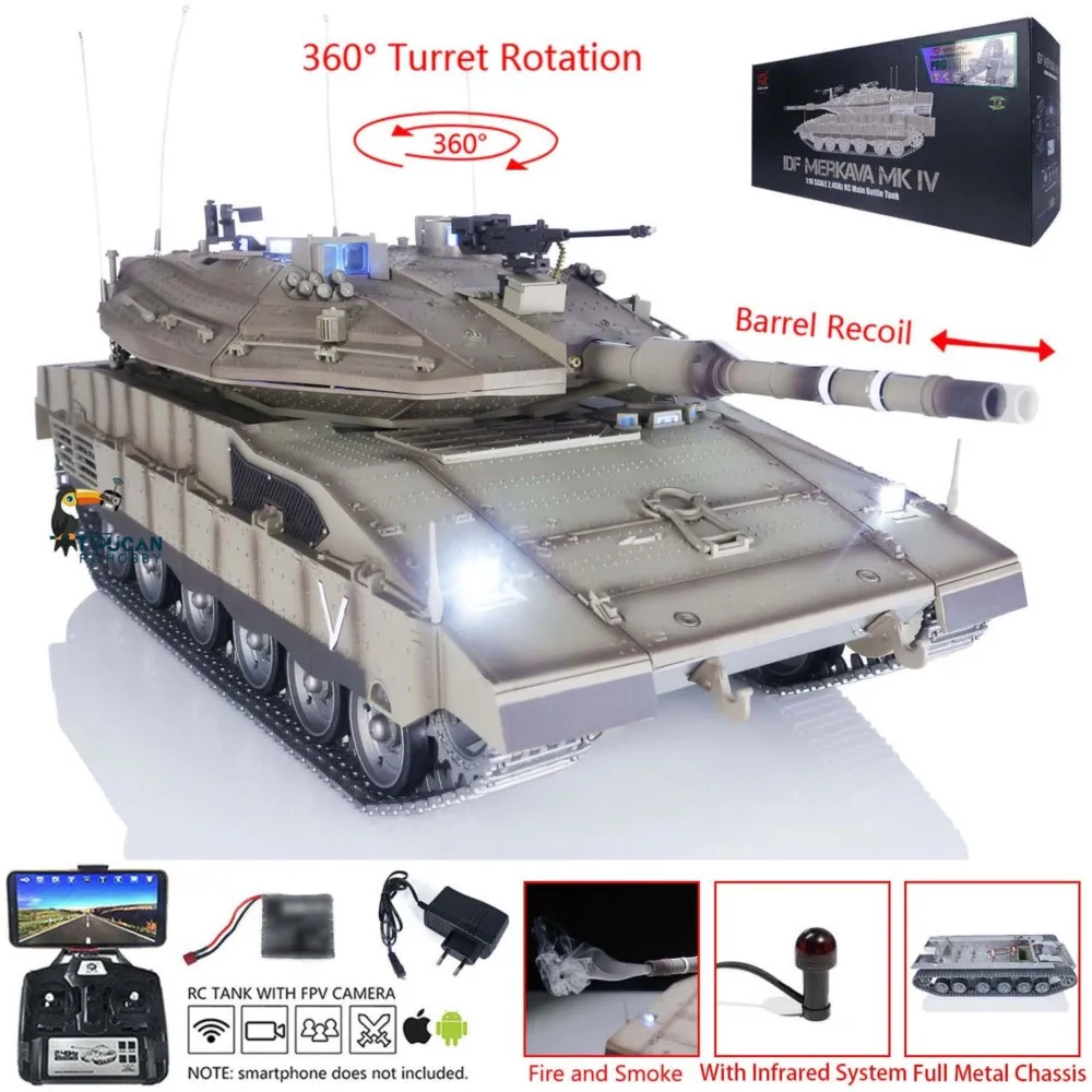 메르카바 1/16 헹롱 RC 배틀 탱크 TK7.1 밀리터리 풀 메탈 섀시 모델 IDF MK IV FPV 바디 라이트 스모킹 토이즈 3958 TH22679