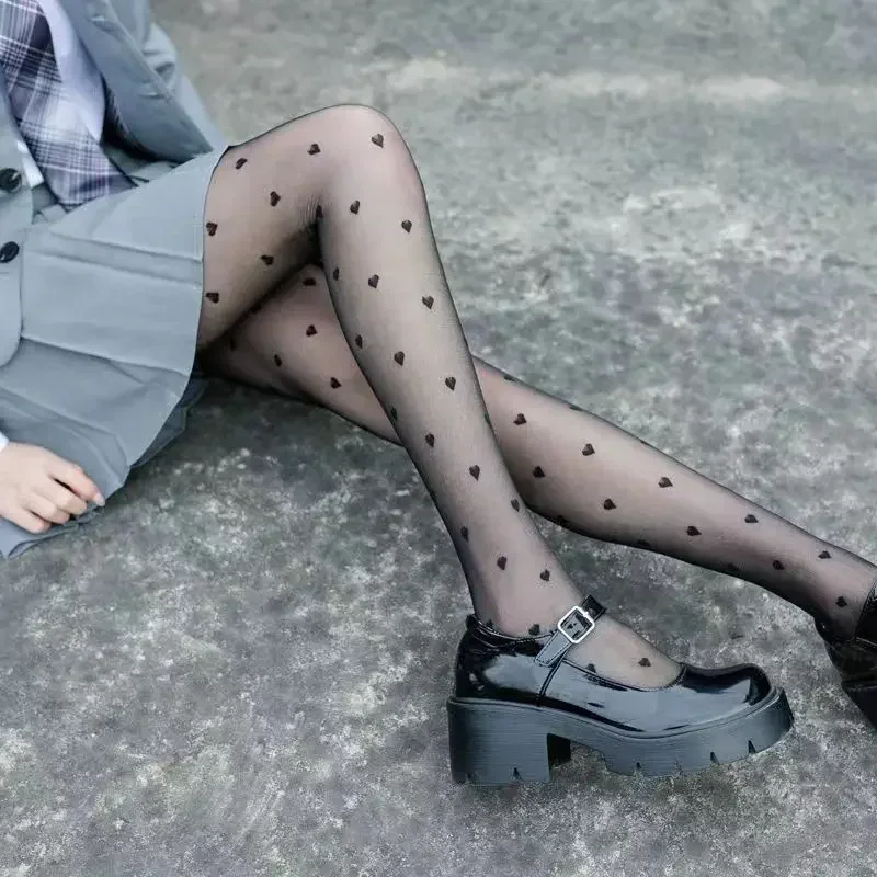 Young Girl's Pantyhose Girls Sweet Heart Pattern White Silk Socks High Elastic Women Sexy Stockings Japanese Kawaii Anime Tights
