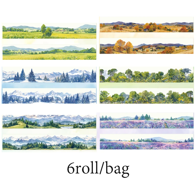 6 Pcs Rolling Mountains and Rivers Series PET Decorative Tape Flash Literary INS Scenery Hand Account DIY Landscaping Tape 4