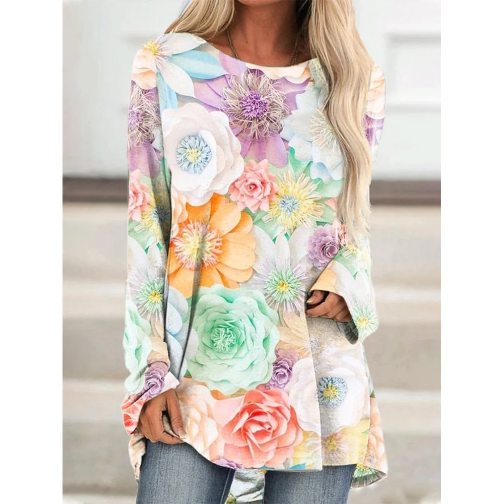 

CLOOCL Women Shirts Lady Trending Clothing Watercolor Floral Print Long Sleeve Tee Crew Neck Loose Casual Tops T-Shirt