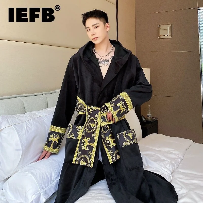 

Winter Thickened Comfortable Velvet Light Luxury Hooded Long Nightgown Men's Fashion Robes Belted Warm Clothes 9Y9924