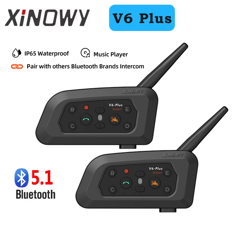 XiNowy V6 Plus Motorcycle Helmet Bluetooth Headset IP65 Waterproof 2 Intercom Modes Noise Reduction Type-C Multi-group Chat MP3