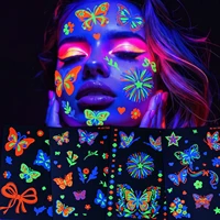 10 autocollants de tatouages temporaires néon UV, motifs variés (papillon, nœud, fleur, étoile, cœur), pour décorer le corps lors de festivals de musique et de soirées en club. 2