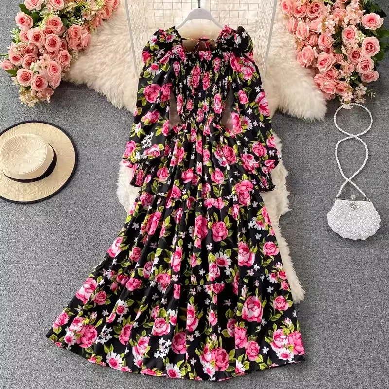 

High Waisted Floral Bubble Sleeve Dress 2024 Summer New French Gentle And Elegant Square Neck Waistband Long Dress K244