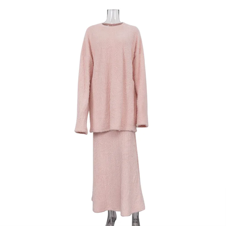 TRAUXY Autumn Winter Plush Knitted Suit Women's Long Sleeve O-Neck Pullover Top Long Skirts Two Piece Sets Solid Female Elegant