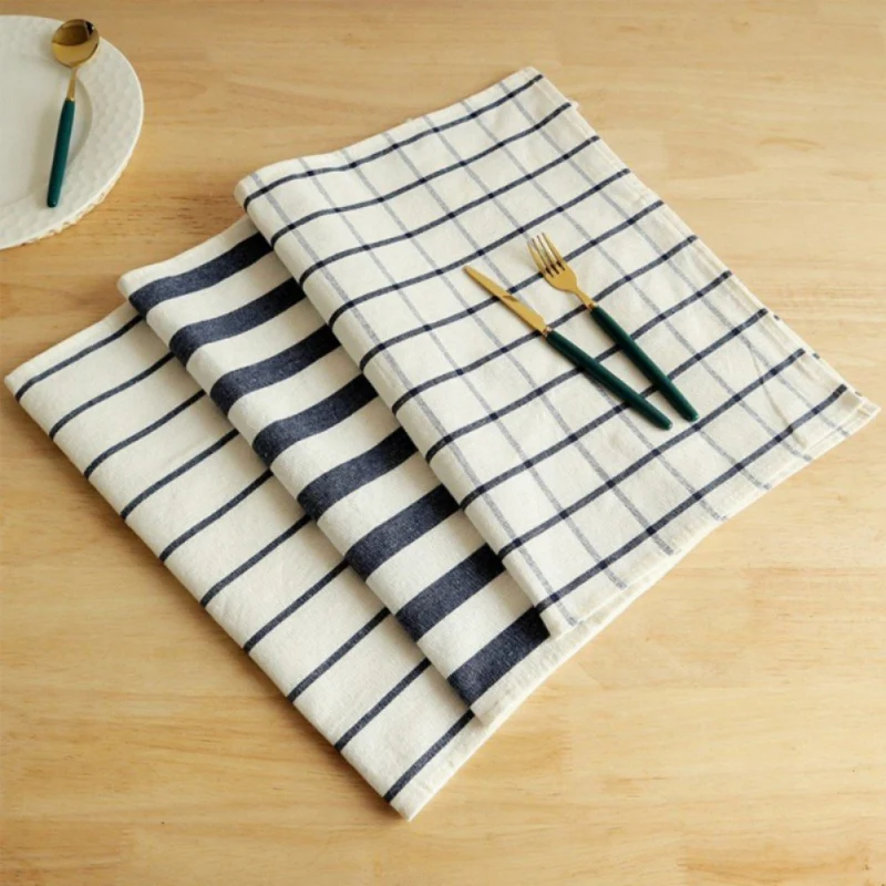 Description Picture 4 of itemHigh Quality All-match Blue White Plaid Striped Tea Towel Kitchen Towel Napkin Table Cloth Cotton Woven Fabric Dinning Decor