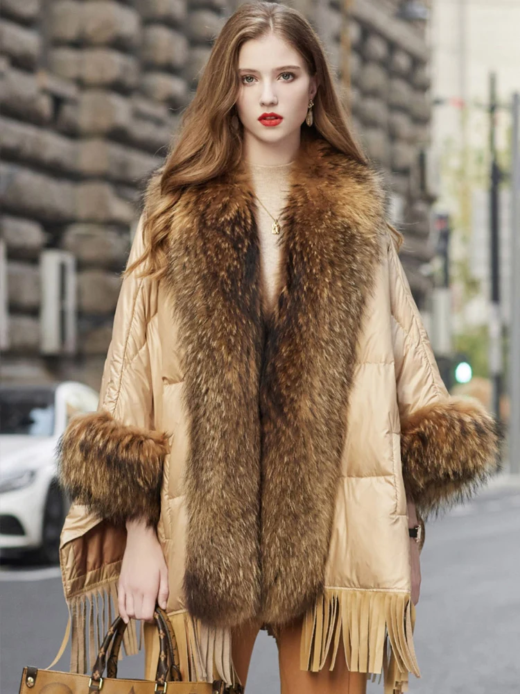 Luxury Genuine Mink Fur Coat With Raccoon Fur Collar Women Winter