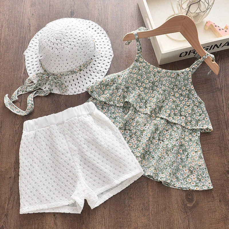 

Girl Summer Sets Girls Fashion Kids Outfit Fragmented Suspender Skirt+Hollowed Out Shorts+Hat 3-Piece Set Kids Clothes Girls