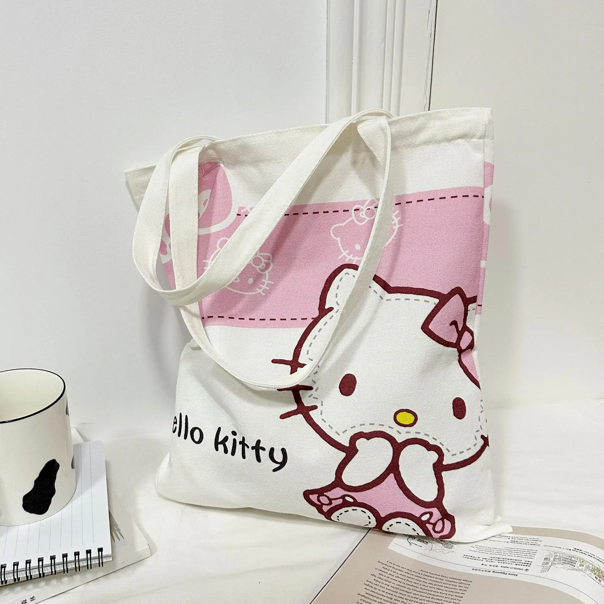 Sanrio Canvas Bag Kuromi Hellokitty Cinnamoroll Women's Shoulder Bags Casual Large Capacity Shopping Bag Girl Gift