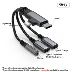 Dual Port USB - C & Lightning to 3.5mm Audio Adapter with Charging Capability (Grey)