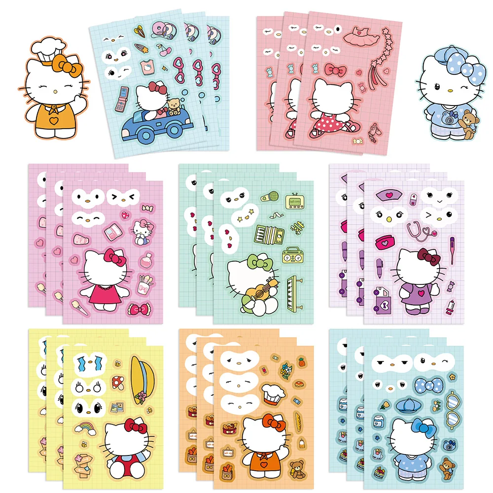 

8/16sheets Sanrio Hello Kitty Puzzle Stickers Kid Make a Face Game Sticker Boys Girls DIY Notebook Children Assemble Jigsaw Toys