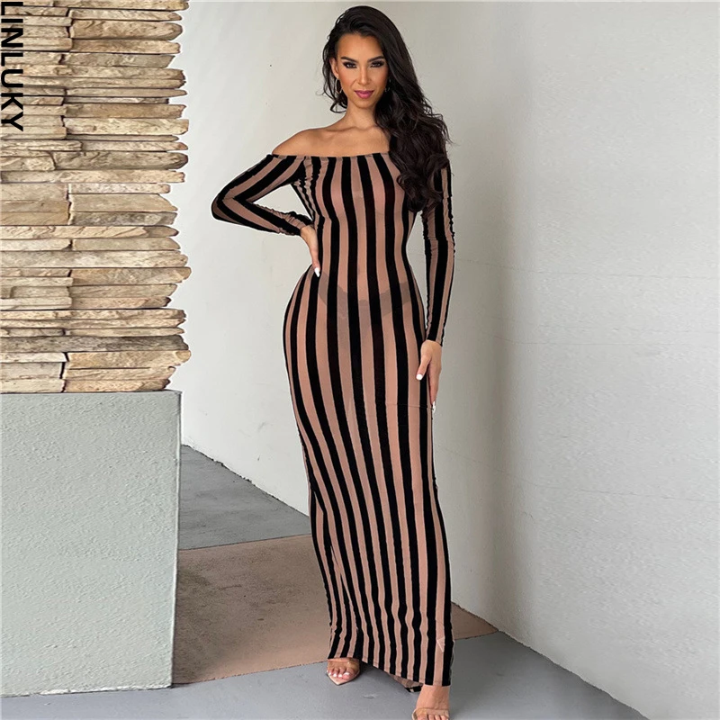 

Autumn New Fashion Open Back Sexy Perspective Stripe Dress for Women Club Party Evening Long Dresses Woman Clothing