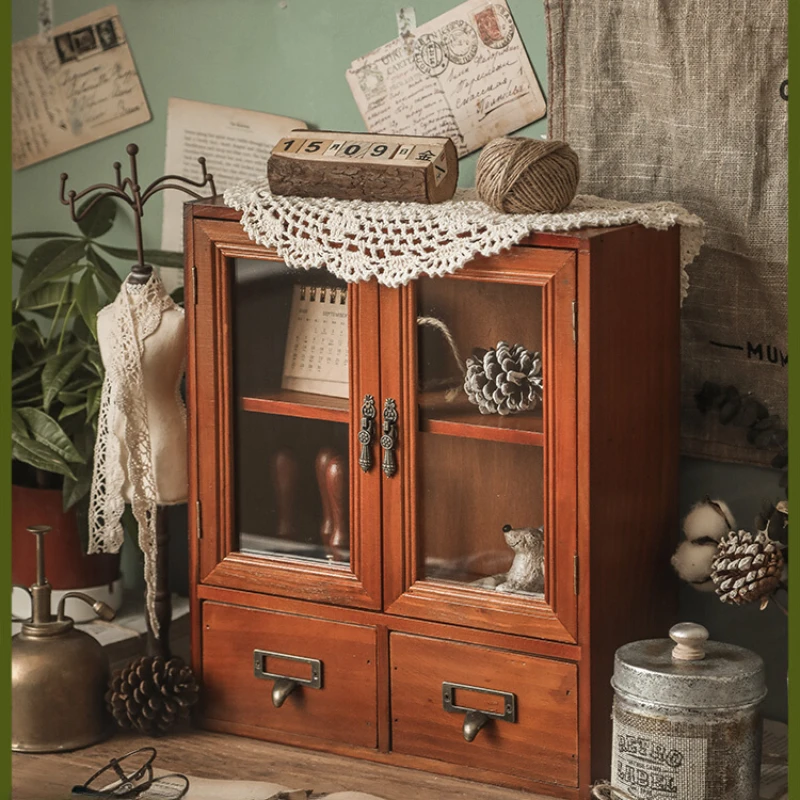 

Cabinet Wooden Cup Desktop Storage Cosmetics Desk Shelves Retro Drawer Student Finishing Box