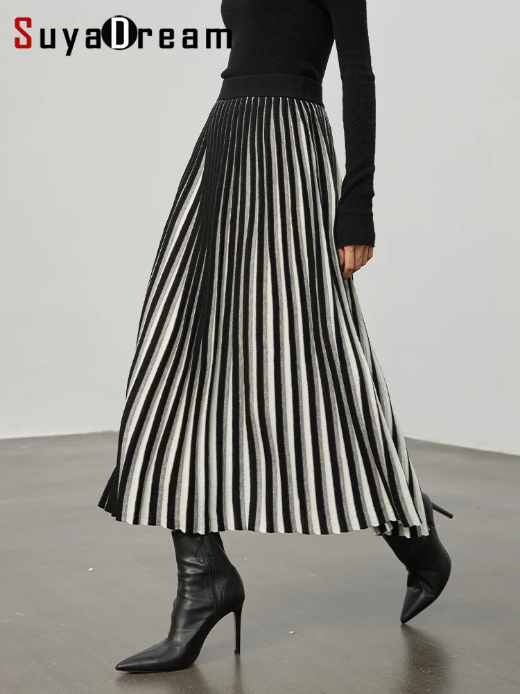 

SuyaDream Women Winter Skirt 32.4%Wool A Line Striped Colors Pleated Long Skirts 2022 Fall Winter Bottoming Khaki Black