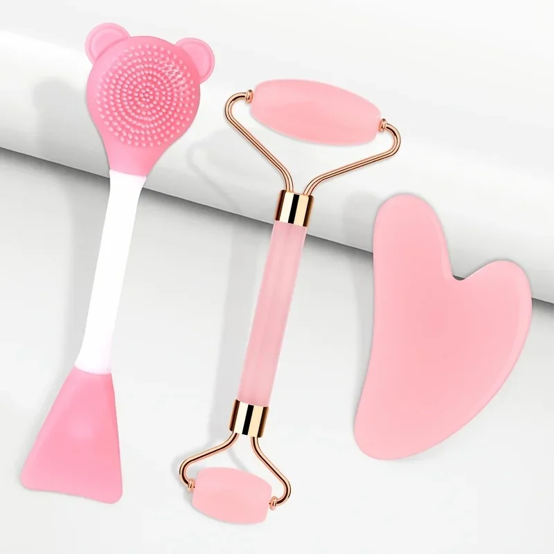 Portable Jade & Rose Quartz Facial Roller and Scraping Board Set - Revitalizing Skin Care & Beauty Tools for Face, Neck, and Body Massage