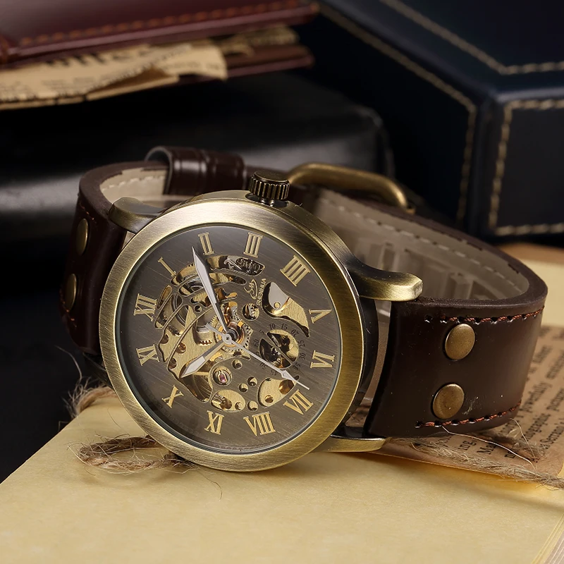 SHENHUA Vintage Design Male Clock Skeleton Dial Relogios Auto Mechanical Men's Wrist Watches Casual horloges mannen