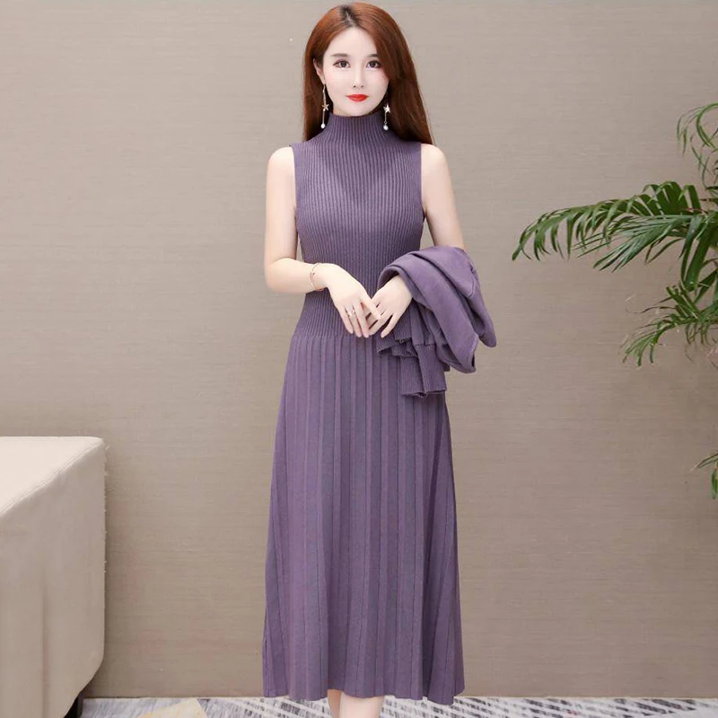 Purple Sweater Dresses Sleeveless Purple Wool Dress, Vintage Dress