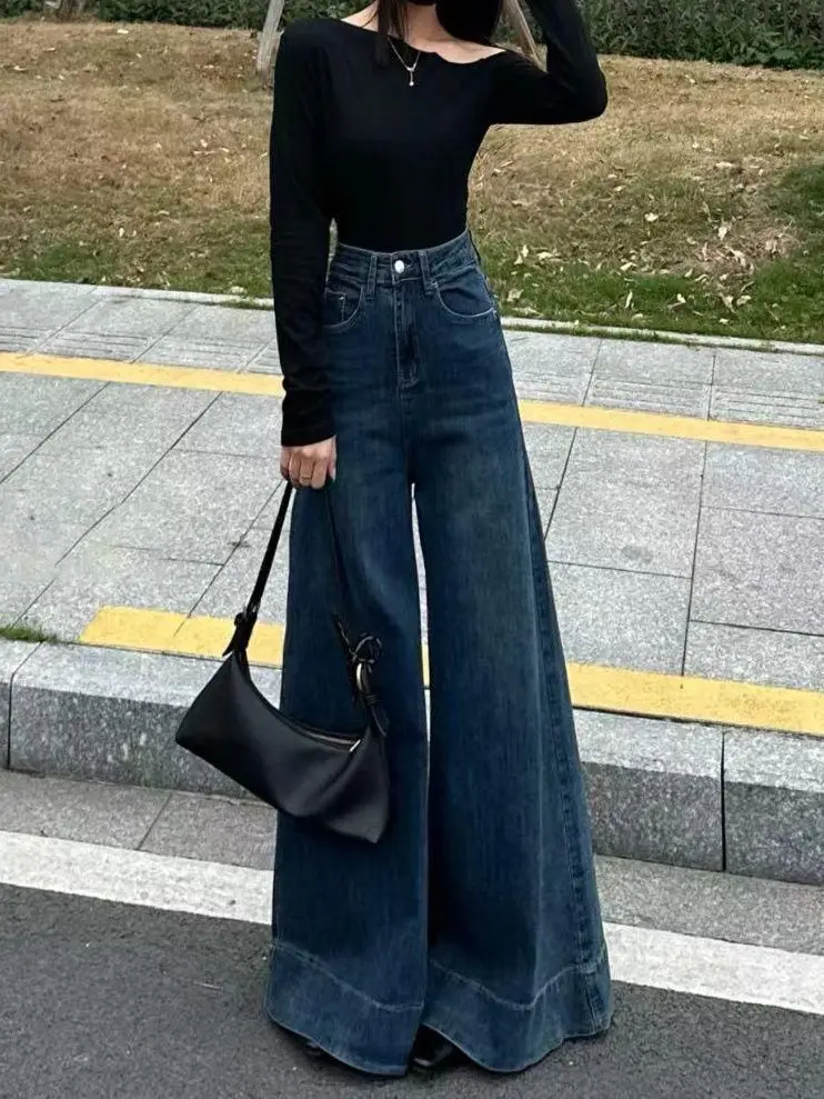Jeans High Waisted Wide Leg Pants Slim Retro Washed Women'S 2024 Spring New Large Size Korean Style Floor-Mopping Pants Trendy