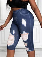 Plus Size Women's Capri Pants Faux Denim Print with Distressed Detail High Elasticity Comfortable Knit Mid-Calf Trousers - Image 3
