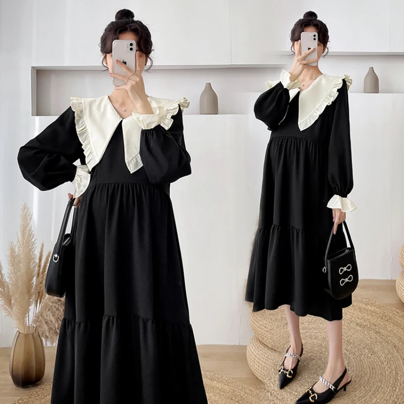 

9886# Autumn Korean Fashion Maternity Long Dress Elegant Ruffle O Neck A Line Clothes for Pregnant Women Pregnancy Clothing