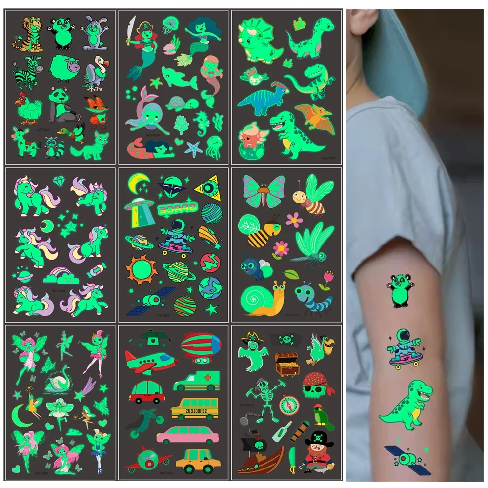 Tattoo Sticker Luminous Temporary Children Arm Face Glowing Waterproof Body Art Dinosaur Pirate Unicorn Mermaid Cartoon