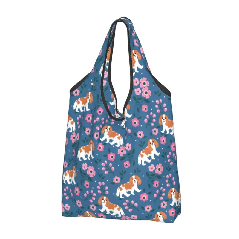 Cavalier King Charles Spaniel Playing In Garden Grocery Shopping Bags Shopper Shoulder Tote Bag Portable Pet Dog Handbag cavalier king charles spaniel playing in garden grocery shopping bags shopper shoulder tote bag portable pet dog handbag