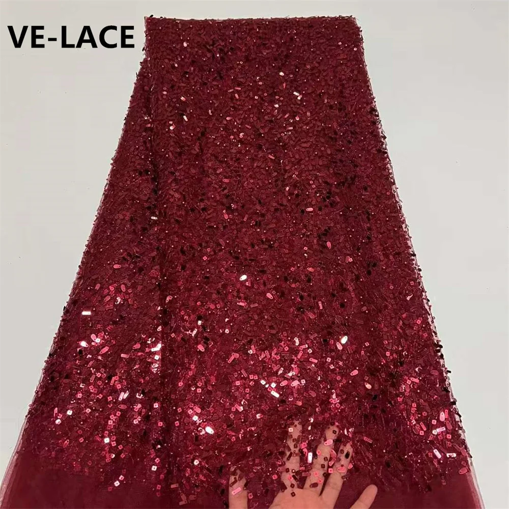 

French Tulle Lace Fabric 2022 High Quality Nigerian Sequins Embroidery African Net Lace Fabric For Wedding Dress Sewing ru-0210