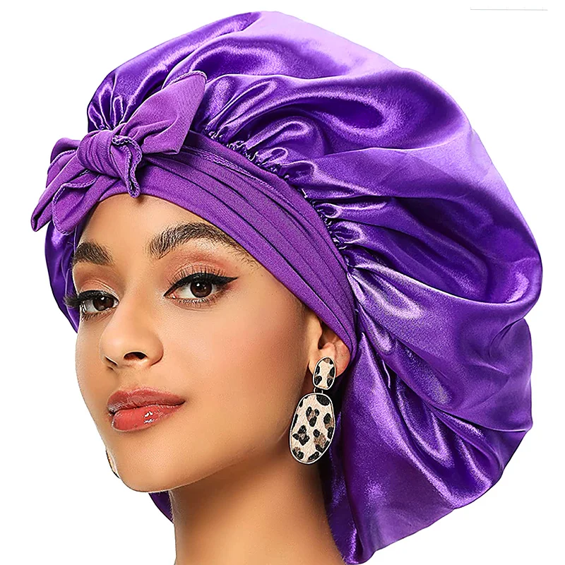 

Women Satin Solid Sleeping Cap Soft Silk Nightcap Bonnet with Headband for Women Children Silk Scarf Sleep Hat Female Head Cover