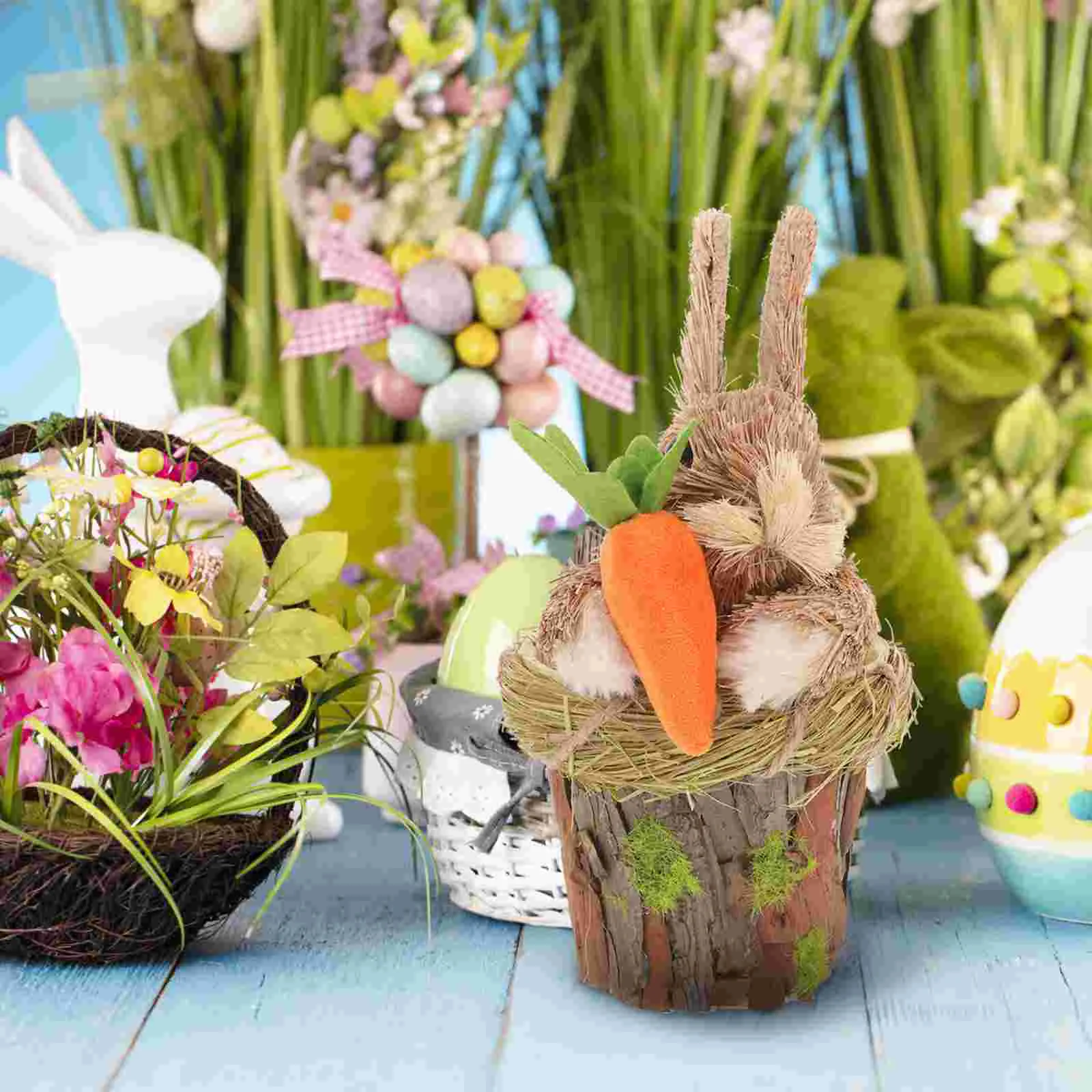 

Маленький кролик, статуя сада, заднего двора, мультяшный соломенный тканый кролик, украшение