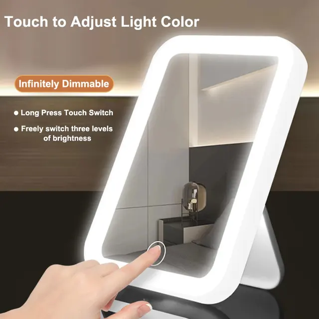 Miroir de courtoisie LED avec écran tactile, 3 couleurs, aste par USB, gradation, maquillage, portable 3