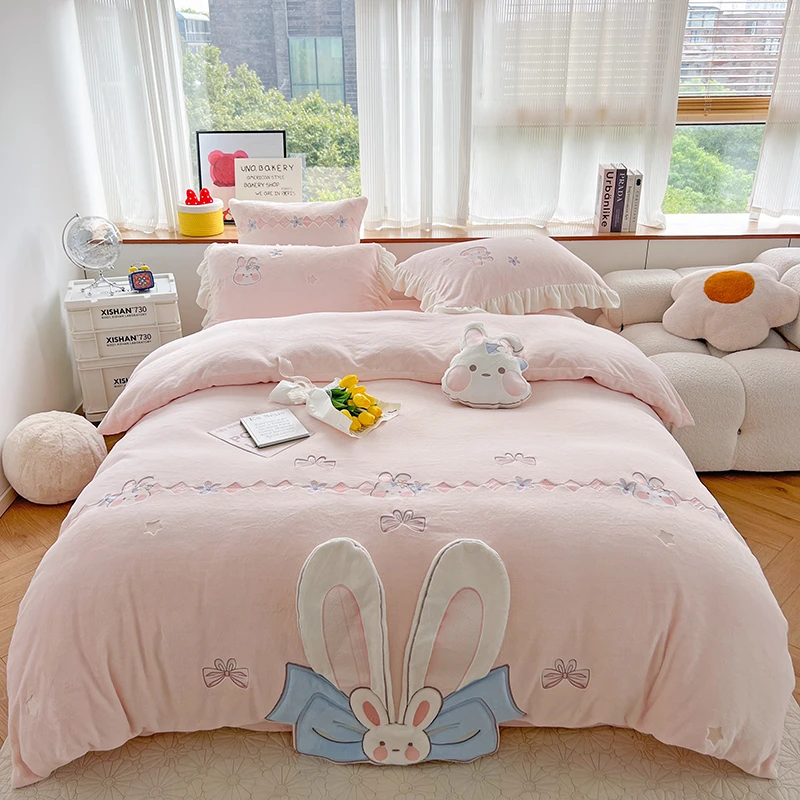 Cute Cartoon Big Ears Rabbits Applique Soft Milk Velvet Bedding Set ...