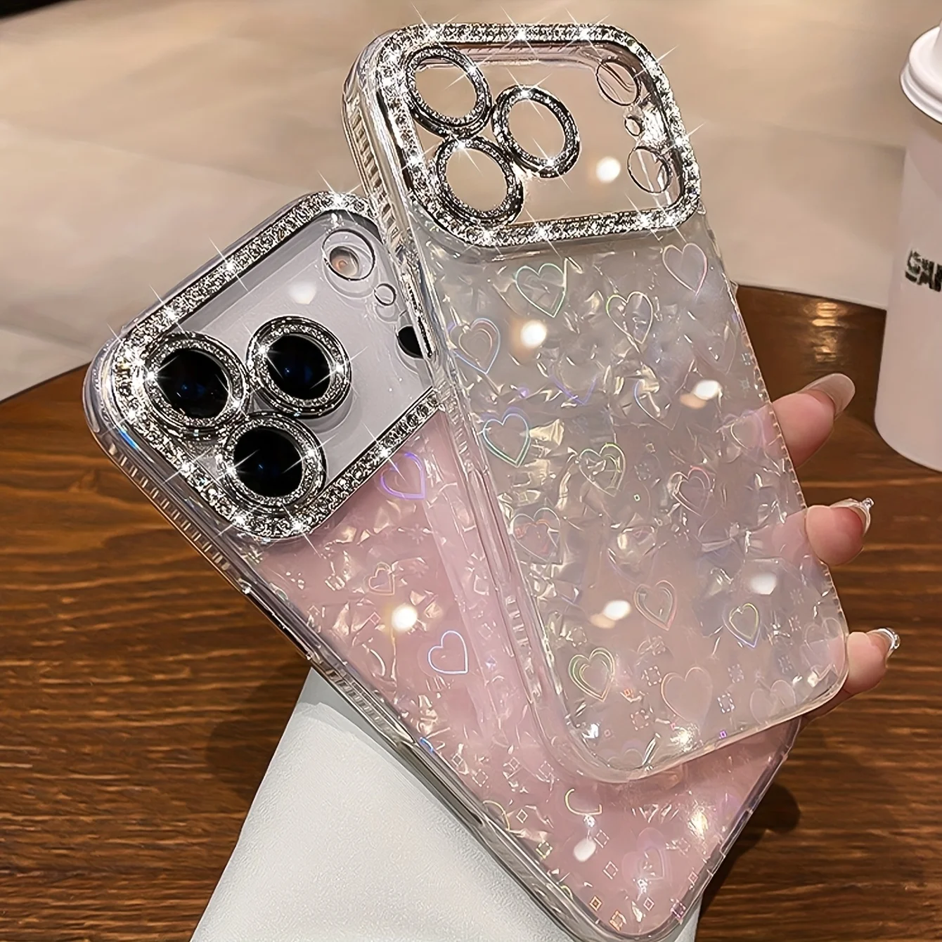 Elegante Glitzer-Kristall-Liebes-Laser-Shell-Muster-Telefonhülle für iPhone 17, Air 16, 15, 14, Plus, 13, 12, Pro Max, weiche Linsenfolie – Detail 3