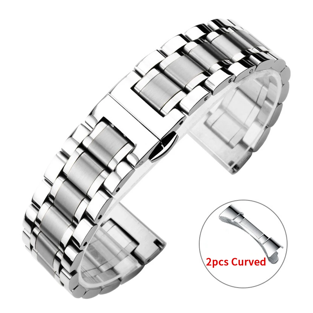 Curved End Stainless Steel Watch Band with Butterfly Buckle - Universal Wristband in Multiple Sizes