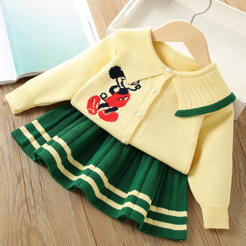 

Autumn Winter New Lovely Girl Sweater Set Girl Baby Cartoon Mickey Knit Two Set Skirt Baby Girl Outfit Set Girl Clothes