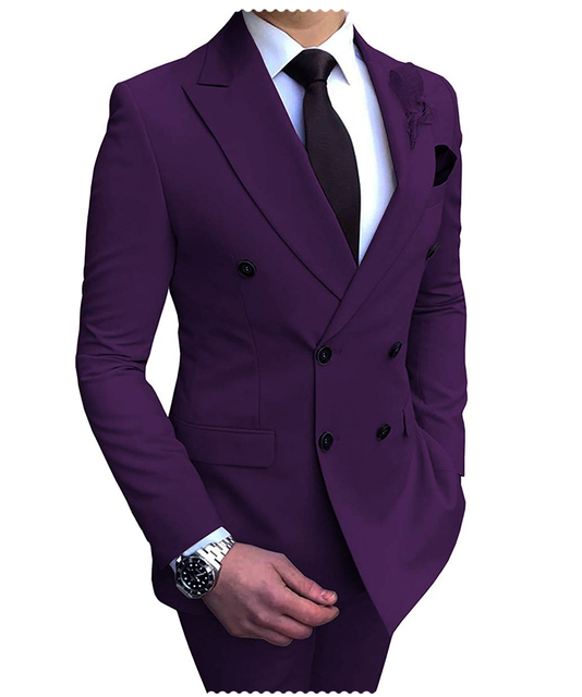 2024 New Beige Men's Suit 2 Pieces Double Breasted Notch Lapel Flat Slim Fit Casual Tuxedos For Wedding(Blazer+Pants) - dark purple, Custom size