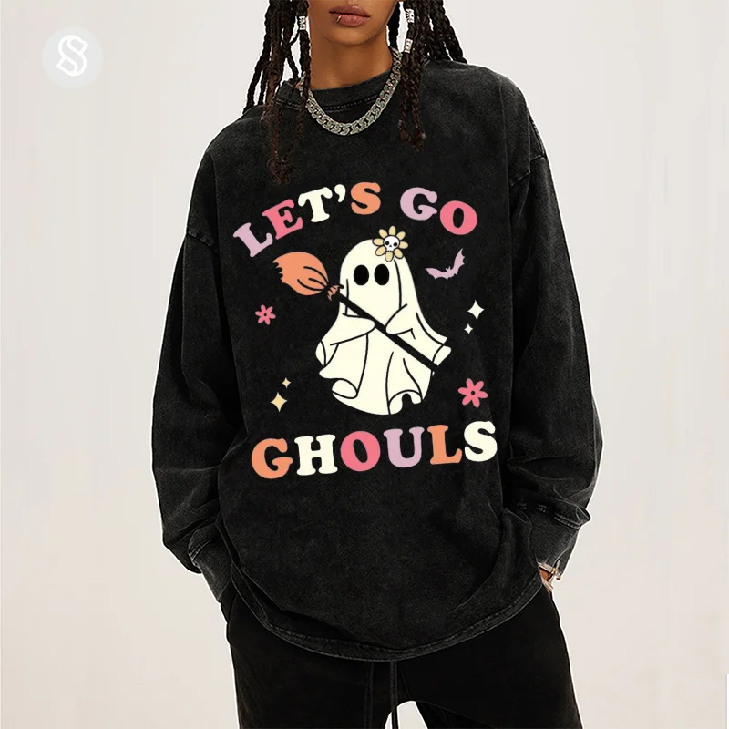 Women Hoodie Washed Printed Long Sleeve T-Shirt Round Neck Lazy Style Loose Hoody Top Autumn Casual Pullover Hoodie Street Wear