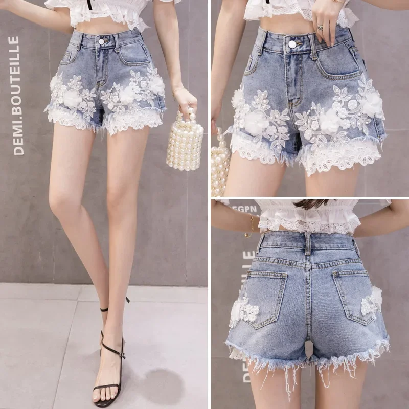 Women's 2023 Summer New High-waist Loose-fitting Wide-leg Sweet Light Blue Shorts Women Embroidered Flowers Sexy Denim Shorts