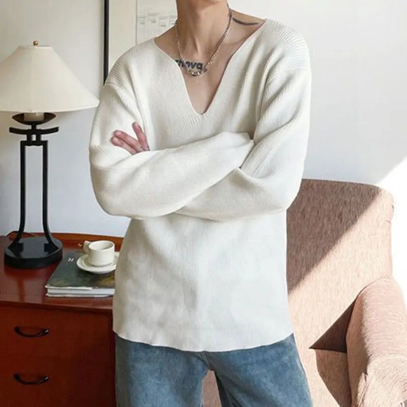 

2023 Autumn KPOP Fashion Style Harajuku Slim Fit Tops Loose Casual All Match Undershirt Insert V Neck Solid Long Sleeve Sweaters