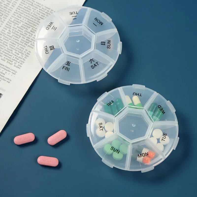 7 Days Weekly Sort Tablet Holder Portable Pillbox Separate Container Round Plastic Transparent Health Care for Home Travel