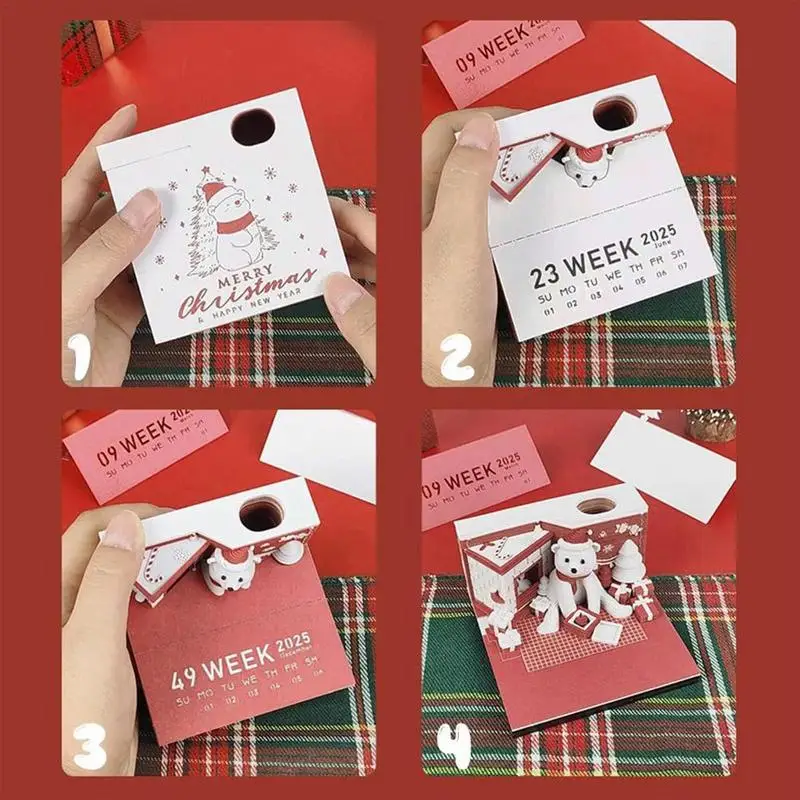 3D Art Calendar 2025 Desk Calendar Tear Away Calendar Paper Carving Art With LED Lights Christmas Bear 2025 Calendar Time Piece