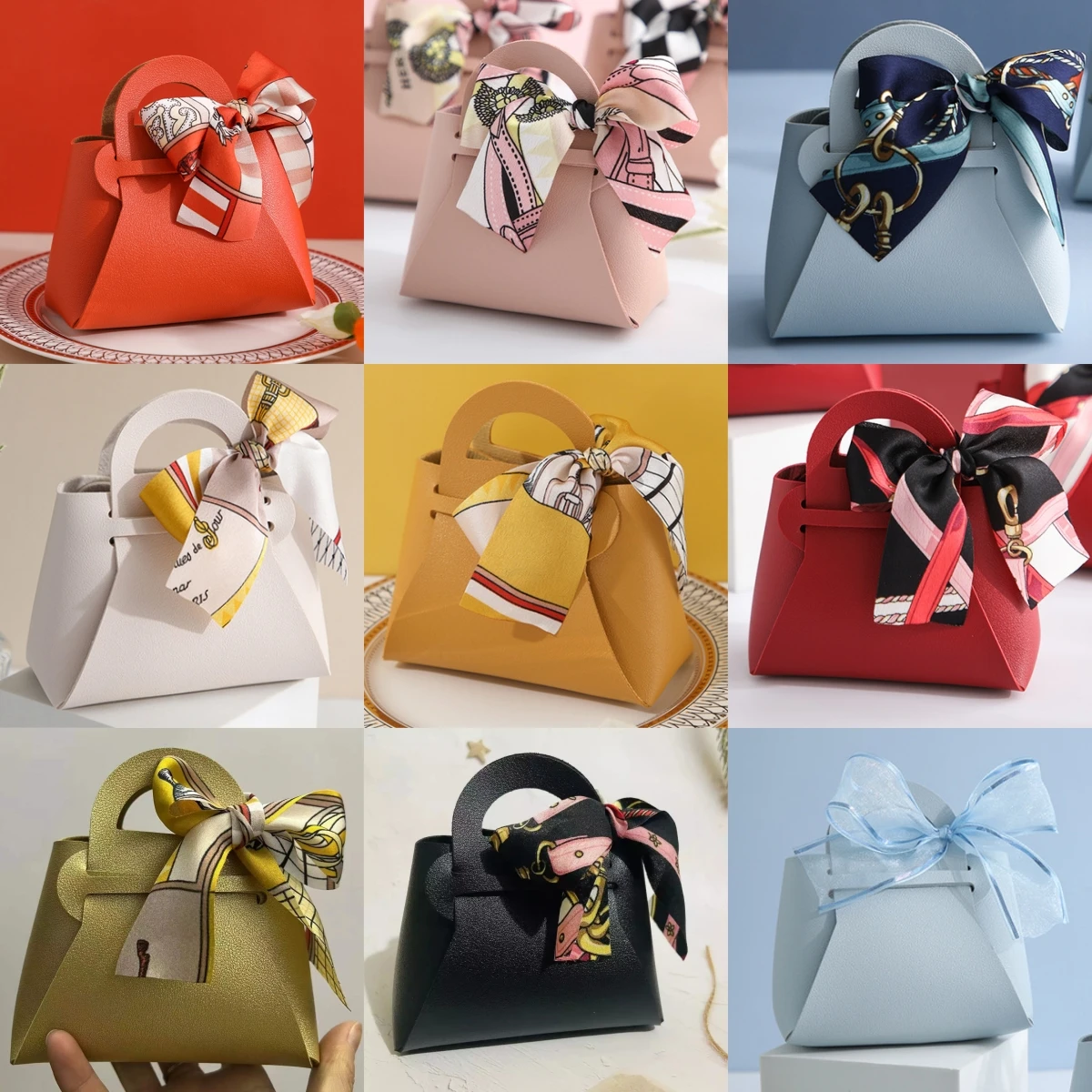 60pcs Leather Gift Bags for Easter Eid Wedding Guest Favour Box Mini Handbag With Ribbon Packaging Box Distributions Party Gifts