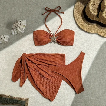 Metal Starfish Brown Bandeau Bikinis Sets 3 Pieces Sexy Swimsuit Cover Up Women 2026 Holiday Swimwear High Cut Bather Beach Wear