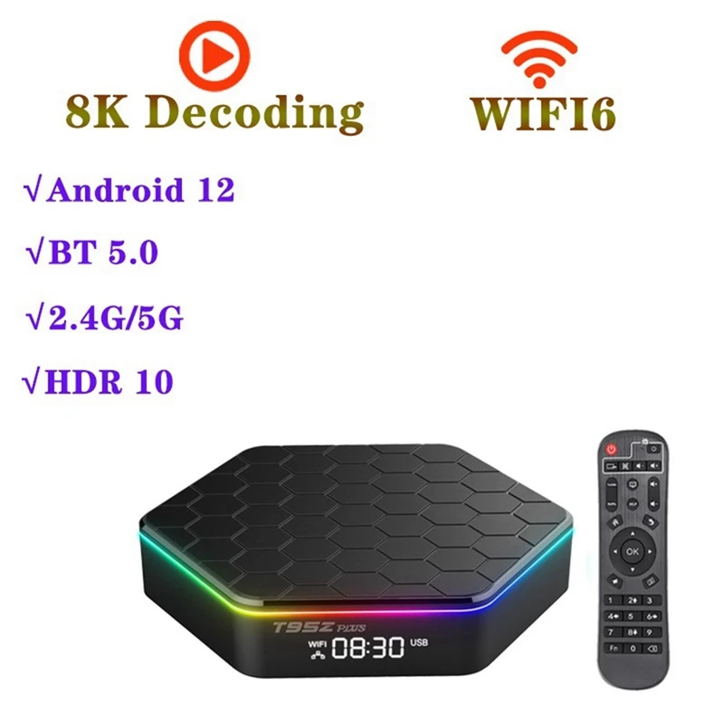 

T95Z Plus Android 12 TV Box 8K Allwinner H618 2,4G 5G Wifi 6 BT 5,0 медиа-плеер Android Box 2 ГБ + 16 Гб Простая установка, US разъем