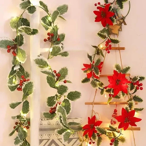 Christmas Garland Lighting Strings Artificial Red Berry Holly Leaves Vine String Lights For Xmas Tree Party Home Decoration 2m christmas decoration bar tops ribbon tinsel artificial rattan garland banner christmas tree ornaments xmas party supplies