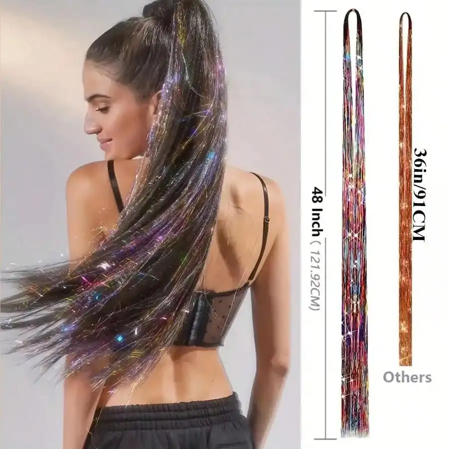 36/48 Inches 10 Mixed Colors Tinsel Synthetic Hair Extension Glitter Kit Glitter WithTool 3600 Strands, Hair Extensions Set 4