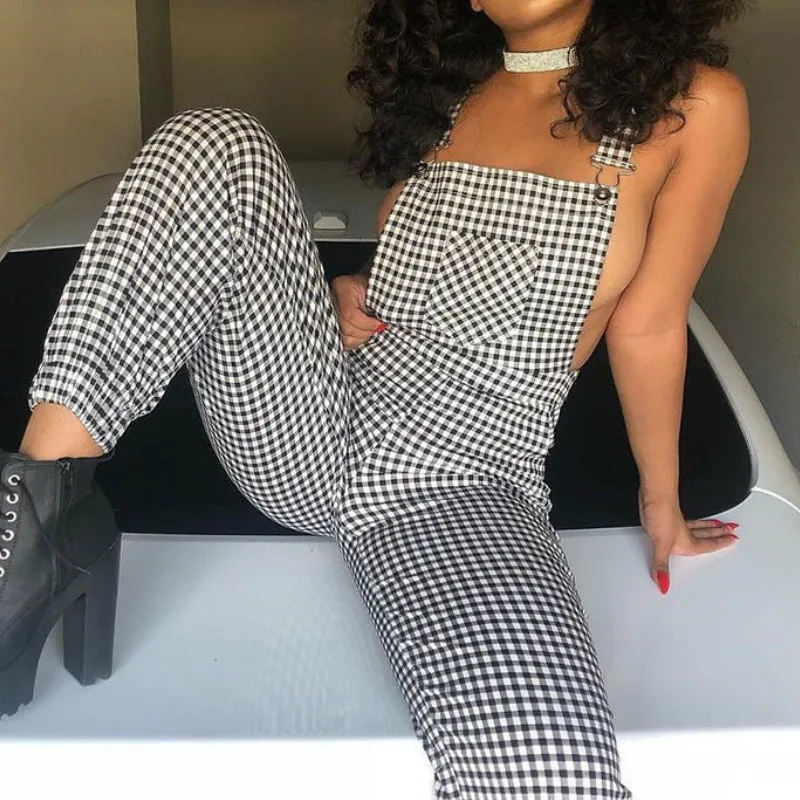 Women Casual Straps Jumpsuits Fashion Ladies Summer Autumn Clothes Plaids Checked Playsuits Backless Plain Outfits White&Black