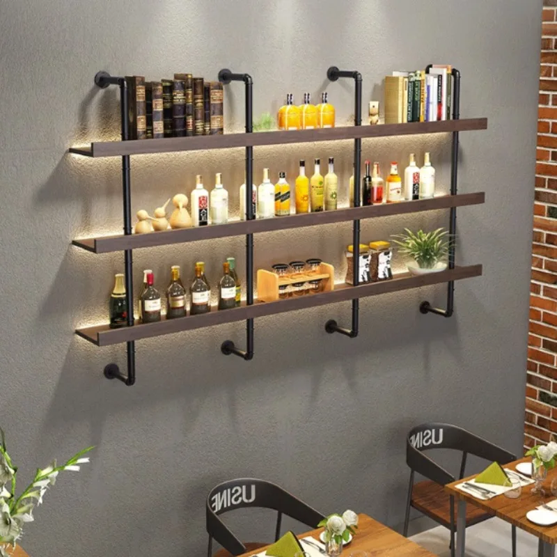 Wooden Wine Rack Industrial Wall Wrought Iron Bar Wine Display Cabinet Living Room Hotel Mini Bar Showcases Furniture with Light