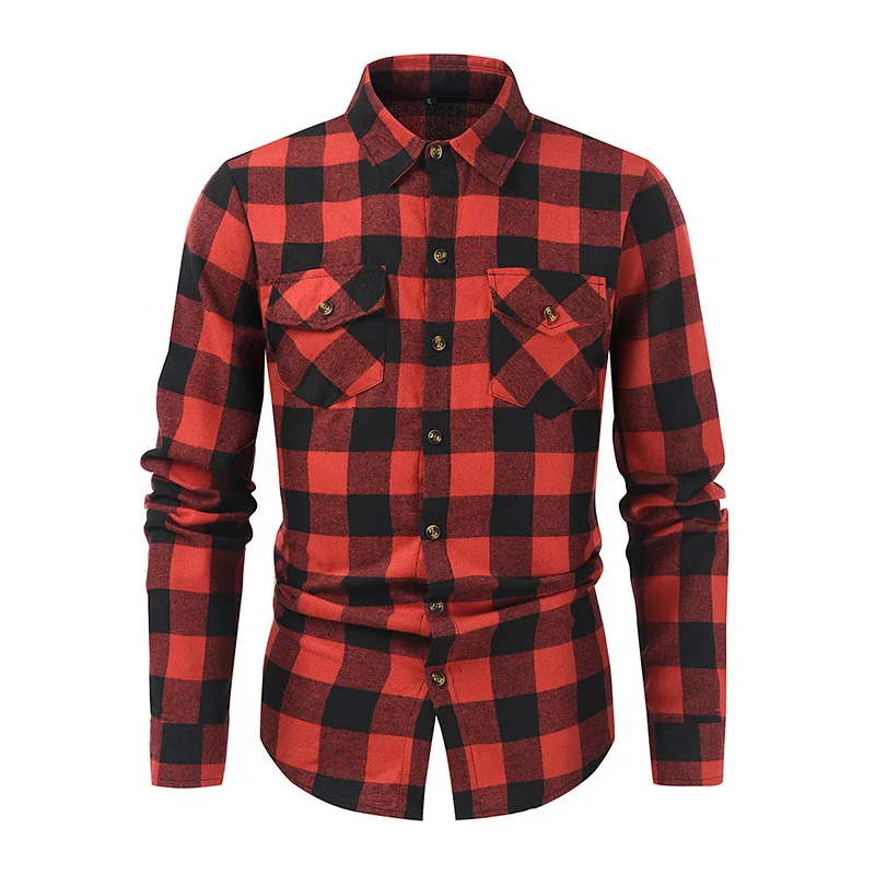 

2024 Men Plaid Shirts Spring Fashion Long Sleeve Double Pocket Casual Shirt Men Blouse Chemise Homme