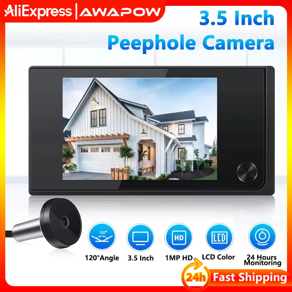 מצלמת דלת דיגיטלית Awapow 3.5 אינץ' Peephole Viewer 120 °   מסך חיצוני עם פעמון דלת עין חתול 2 מיליון פיקסלים HD LCD